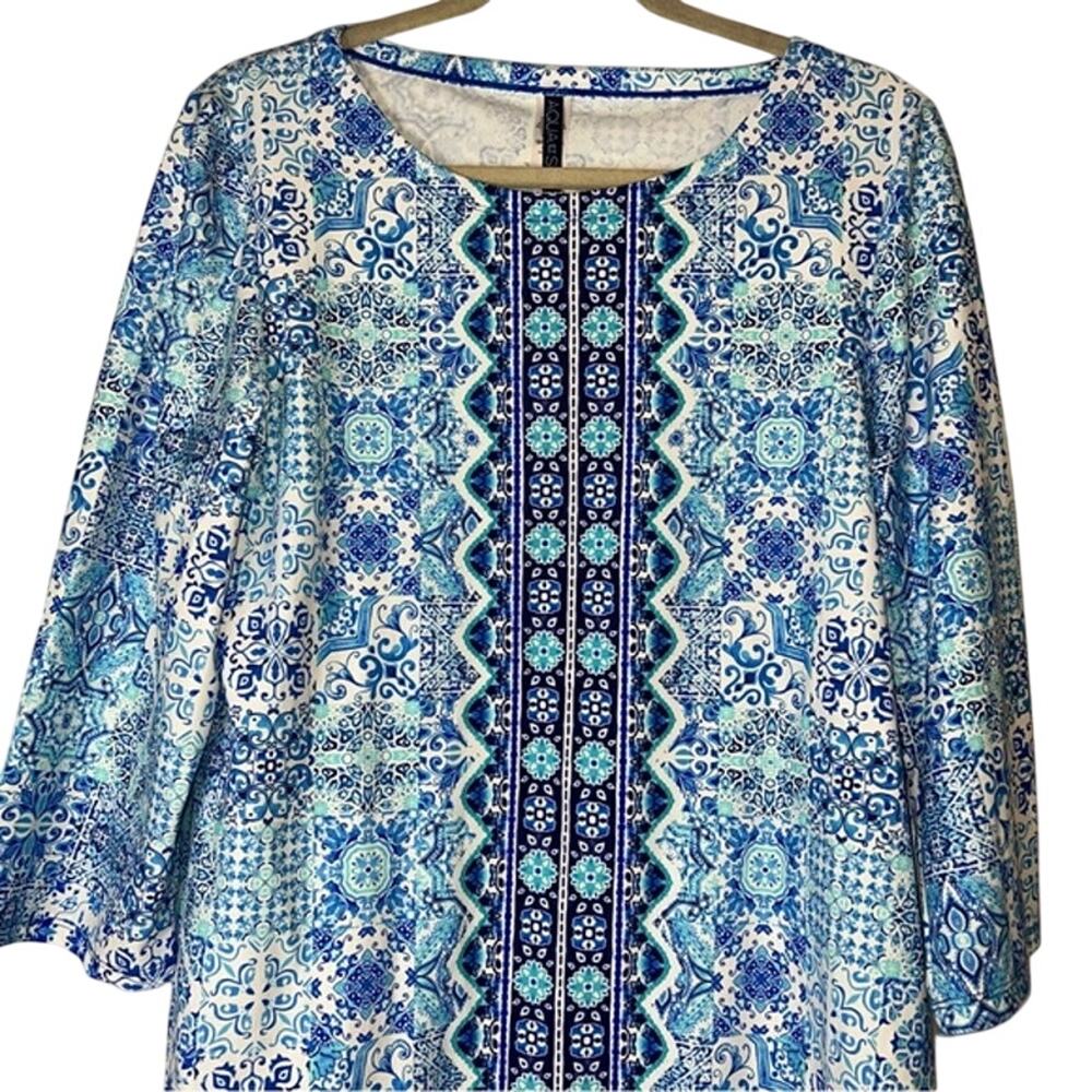 Aqua Et Sol Women's Blue & White Floral Print Modest Swimwear, 3/4 Sleeve Tunic!